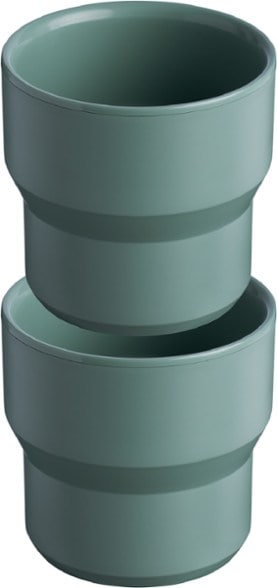 Side angle of the best stackable camping cups for hot drinks, neatly nested together