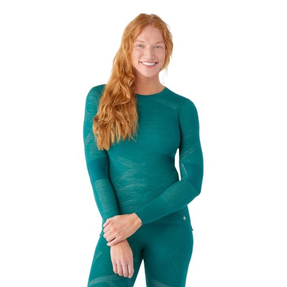 Front view of women's merino wool thermal crew top, showcasing its sleek design.