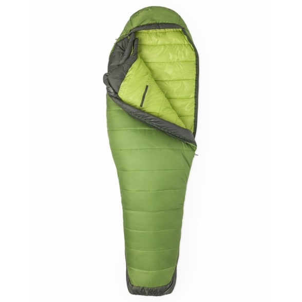 Front view of the TrailNest Elite Eco women's sleeping bag laid out showing mummy shape and left zipper