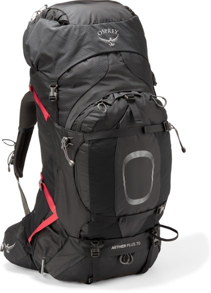 Aether Plus 70 backpack showing the adjustable hipbelt and shoulder straps.