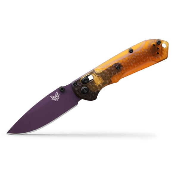 Close-up view of the Benchmade Mini Freek Knife showcasing the amethyst finish and blade design.