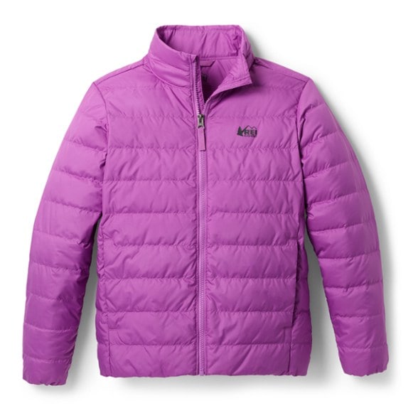 Kids wearing the lightweight down jacket during a winter hike, showcasing its water-resistant features.