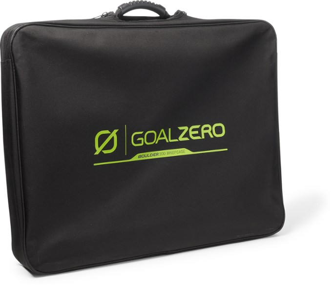 Folded BoulderMax 100W solar briefcase showing compact portable solar panel design for travel