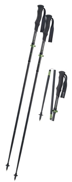 UltraLite carbon trekking poles displayed on rocky terrain, emphasizing stability and grip.