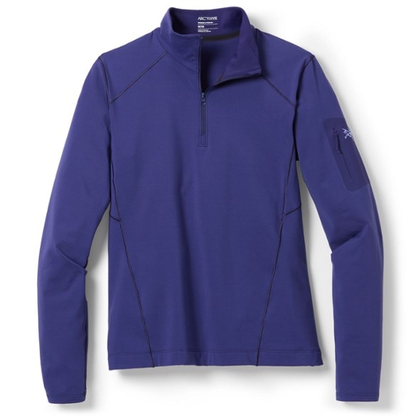 Front view of the Arc'teryx Rho women's lightweight zip-neck base layer, highlighting its sleek design.