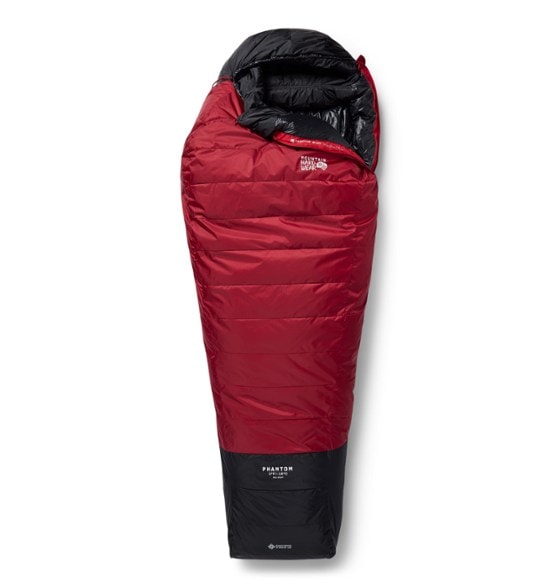 Mountain Hardwear Phantom sleeping bag showcasing its mummy cut and warm insulation.