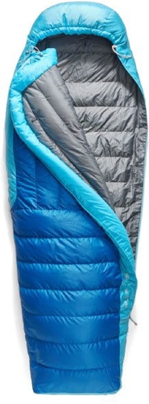 Trek 15F down sleeping bag for men, showcasing its Free-Flow Zip System and spacious design.