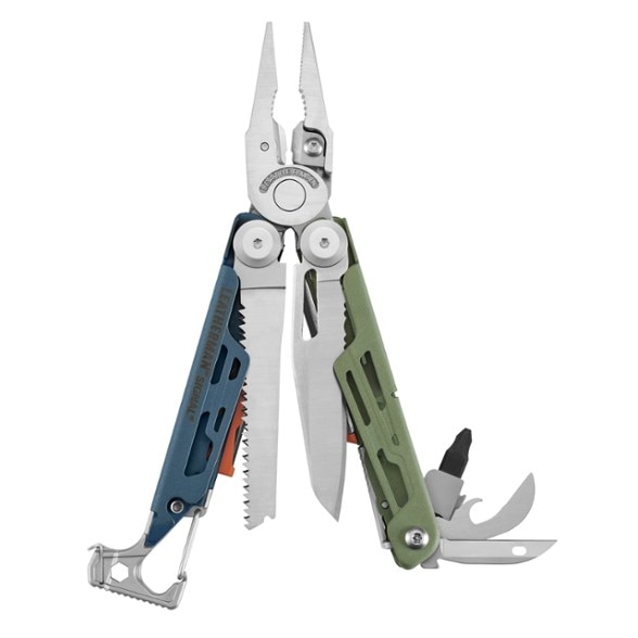 Leatherman Signal Pro multi-tool open showing camping gear tools and stainless steel finish