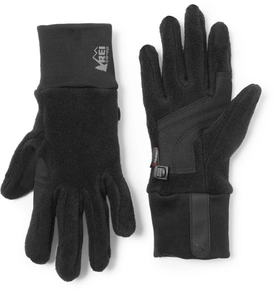 Close-up of women's fleece gloves showcasing touchscreen fingertips and grippy palms.