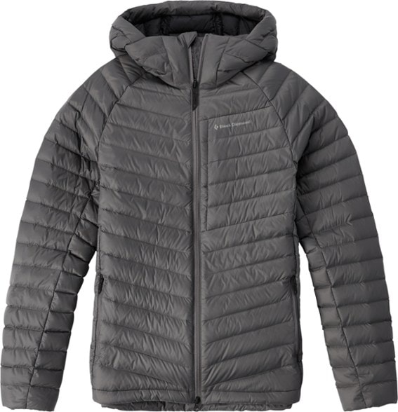 Black Diamond Access Down Hoody for men, showcasing the front view in a snowy environment.