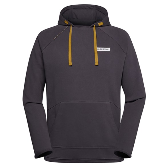 Front view of La Sportiva Telendos Organic Cotton Climbing Hoodie, showcasing its adjustable hood and kangaroo pocket.