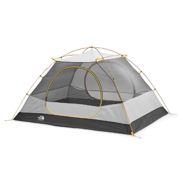 North Face Stormbreak 3 tent with large doors and vestibules in a forest setting.