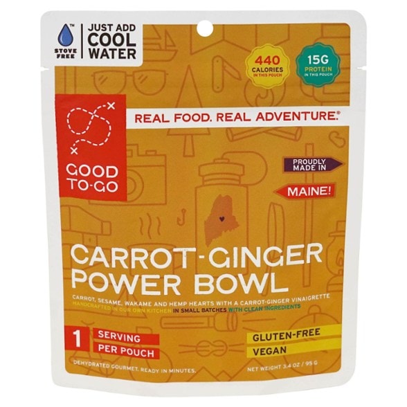 Front view of Cold-Prep Carrot-Ginger Protein Bowl pouch — dehydrated food for camping.