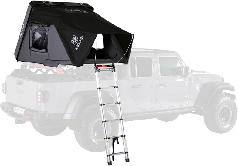 Skycamp Mini 3.0 tent set up on a compact car, showcasing its fold-out extension panel.