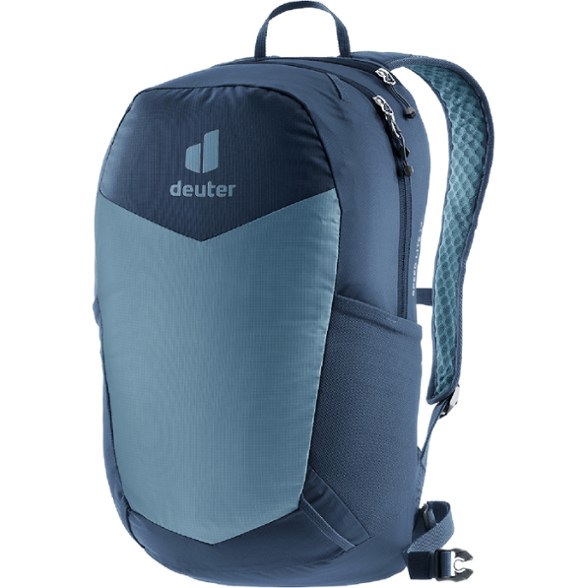 Deuter Speed Lite 13 lightweight daypack shown on a hiker's back in a mountain landscape.