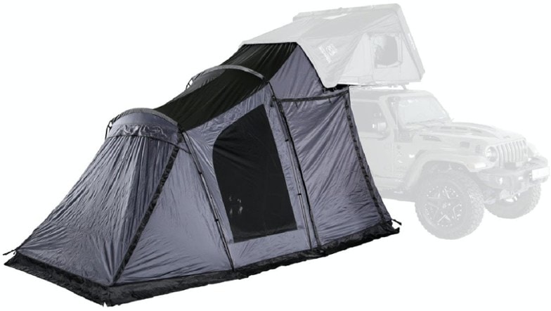 View of iKamper Annex Plus 3.0 attached to Skycamp roof top tent in a scenic camping spot.