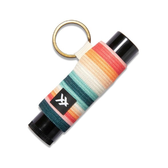 Close-up of Thread Wallets lip balm holder securely holding a lip balm tube with keyring attachment
