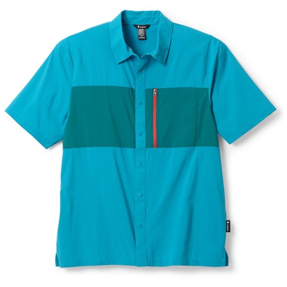 Men wearing eco-friendly hiking shirt in sunlight, showcasing its breathable fabric.