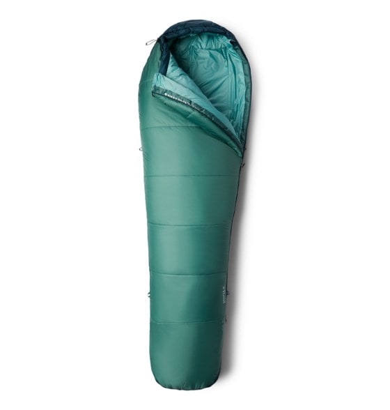 Shasta thermal insulation sleeping bag for women shown fully zipped, showcasing mummy sleeping bag shape and insulated face gasket