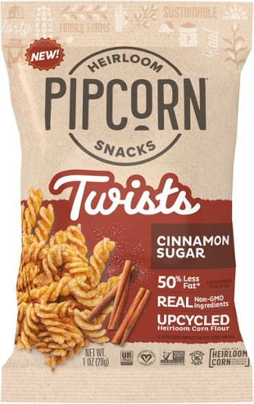 Close-up of Pipcorn Cinnamon Sugar Twists showcasing gluten-free vegan snack texture