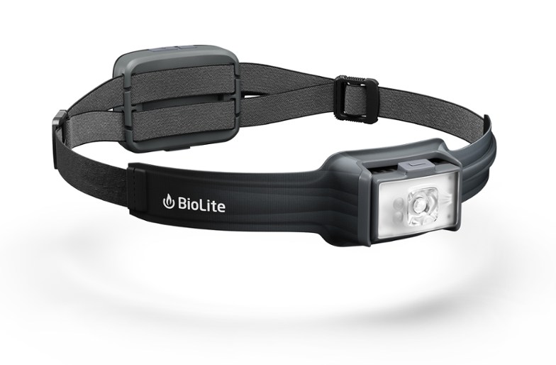 Front view of BioLite Pro 800 rechargeable headlamp showing LED spot and flood lights