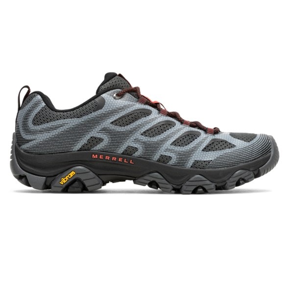 Side view of Merrell Moab Edge 3 men's trail shoes highlighting the breathable mesh upper.