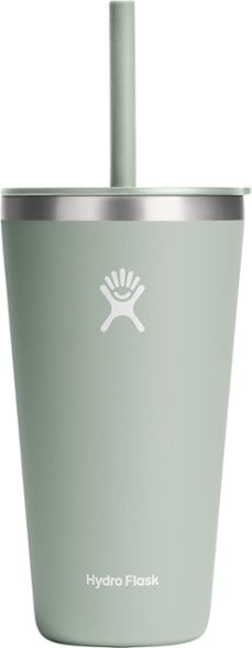Side view of Hydro Flask 28 oz. stainless steel tumbler with straw lid, perfect for travel.