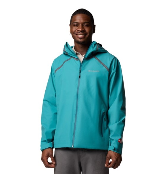 Front view of Columbia ReignShield XT men's waterproof hiking jacket showing hood and chest zippers