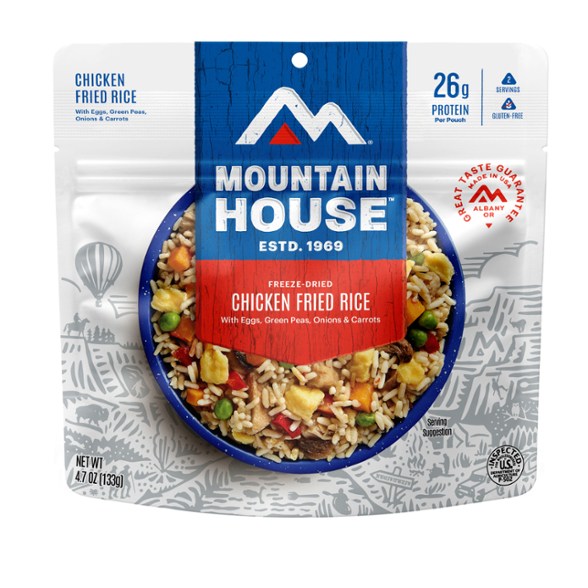 Mountain House Chicken Fried Rice pouch, ready for outdoor cooking.