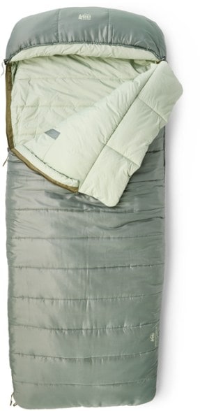 REI Co-op Siesta Hooded 20° synthetic sleeping bag in outdoor setting