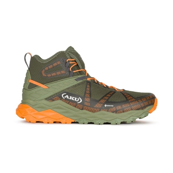 AKU Flyrock Mid GTX hiking boots showcasing a close-up of the GORE-TEX layer for waterproof protection.