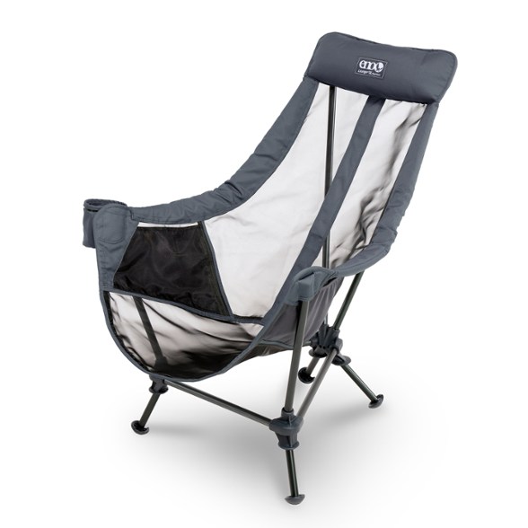 Side view of the ENO Lounger DL Mesh chair showcasing its adjustable legs and cup holder in an outdoor setting.