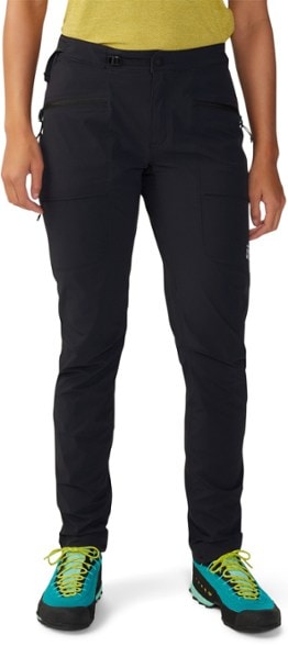 Side view of SummitFlex women's climbing pants on rocky terrain