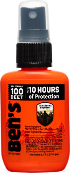 Front view of Ben's 100 Max DEET Mosquito Repellent bottle, highlighting its 95% DEET formula.