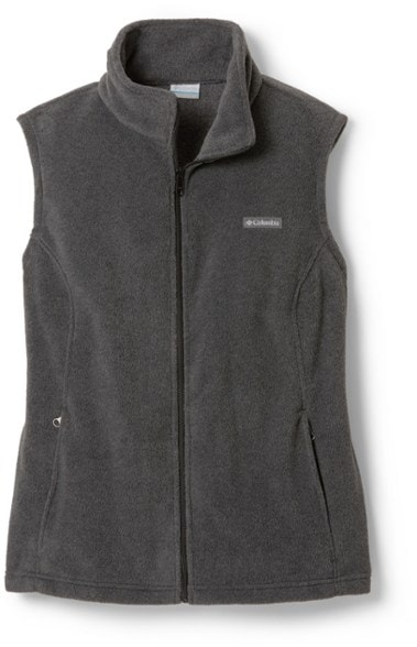 Front view of Columbia Women's Plus Size Benton Springs Fleece Vest showcasing high neck and hidden pockets.