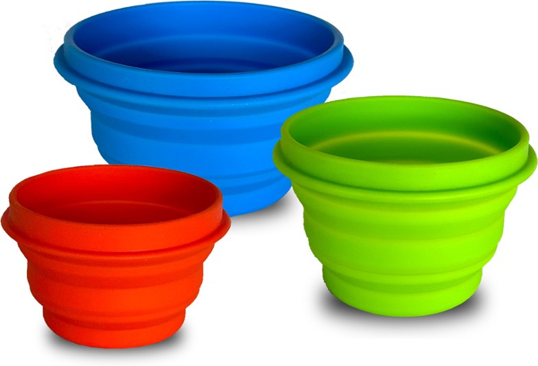 Alpine Mountain Gear silicone bowls set in outdoor setting, showcasing collapsible design.