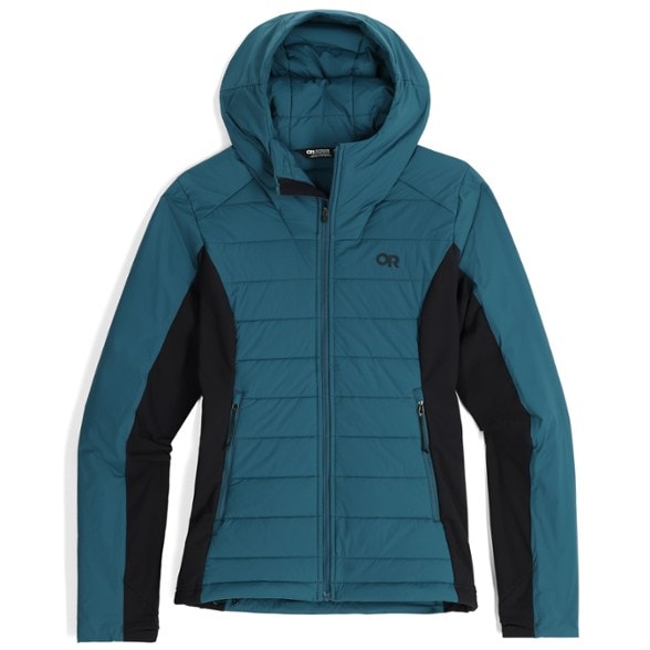 Woman in a lightweight insulated hoodie during a winter hike, showcasing breathability and style.