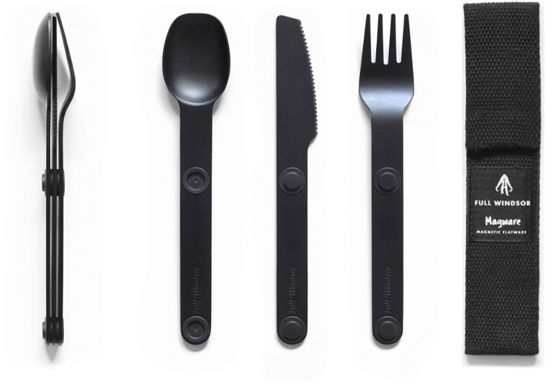 Magware magnetic camping cutlery set displayed with knife, fork, and spoon