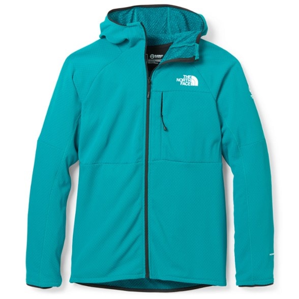 Front view of Summit Series Eco-Fleece Women's Hoodie with hood up, perfect for outdoor use.