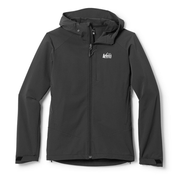 Men's soft-shell hoodie showcasing wind-resistant and water-repellent features during a hiking trip.