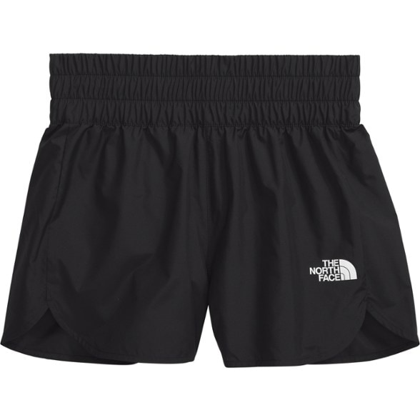 Front view of Adventure Ready Woven Shorts for girls, showcasing the elastic waistband and dolphin hem.