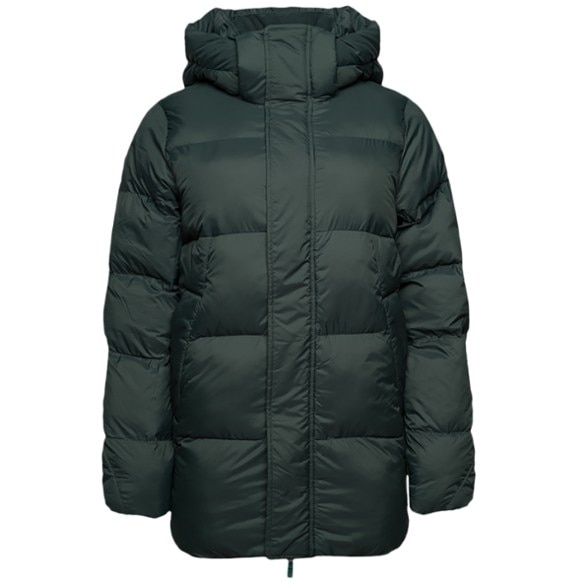 Tabei Women's Insulated Parka front view showcasing the removable hood and recycled material.