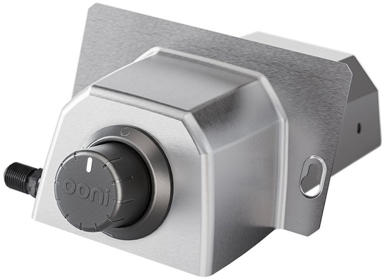 Ooni Karu 12 propane burner from the front angle showcasing the heat control dial.