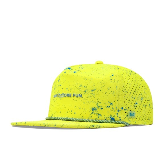 Vibrant neon hydro hat shown against a scenic hiking backdrop, emphasizing its sun protection features.