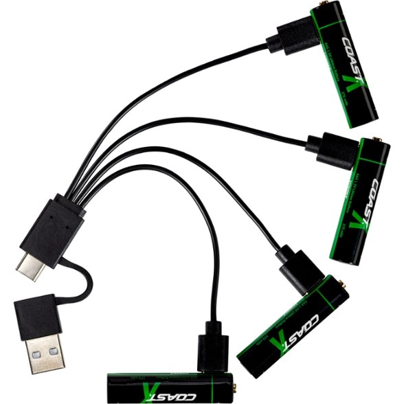 Close-up of Zithion-X AAA USB-C batteries showing the built-in charging port