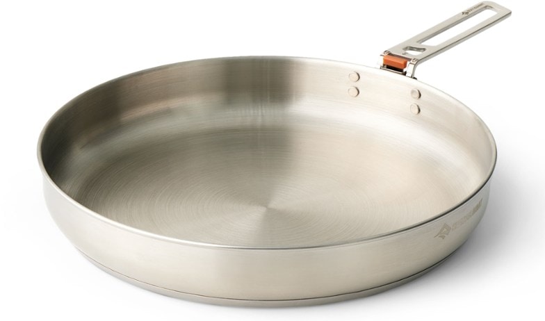 Top view of Sea to Summit 10 inch stainless steel camping pan with Click-Safe handle extended