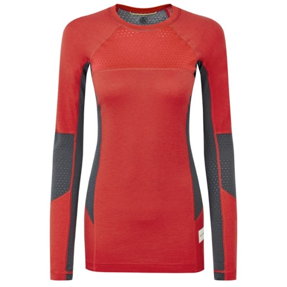 Front view of women's base layer Darkhorse 185 merino wool shirt in dark color, showcasing slim fit and long sleeves