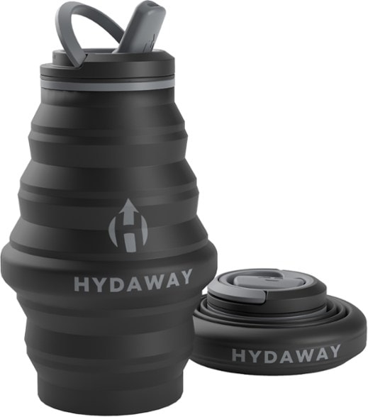Hydaway collapsible water bottle in a hiking backpack, demonstrating its compact size.