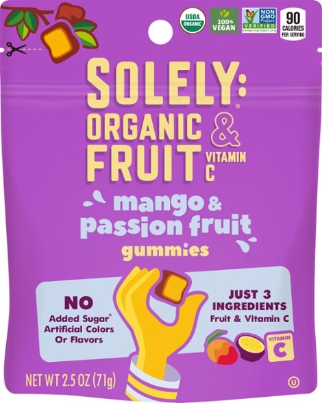SOLELY Organic Fruit Gummies - resealable pouch showcasing whole fruit ingredients