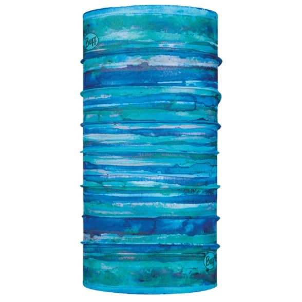 Kids wearing CoolNet UV neck scarf at the beach, showcasing vibrant colors and sun protection.